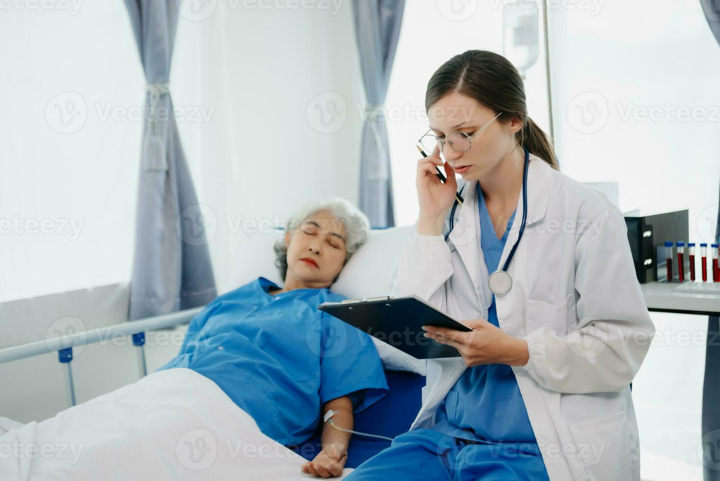 Modern Medical Research Laboratory Portrait of Two African American Scientists Working, Using Digital Tablet, Analyzing Samples, Talking. for Medicine, Biotechnology photo