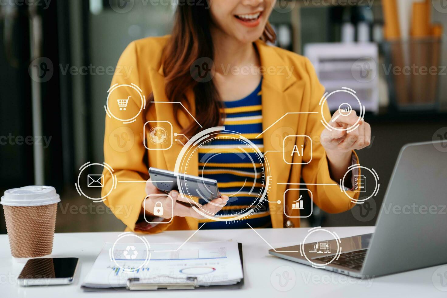 Woman accountant use Laptop and calculator to calculate the company's financial with icon banking on data network of finance and banking with business growth photo