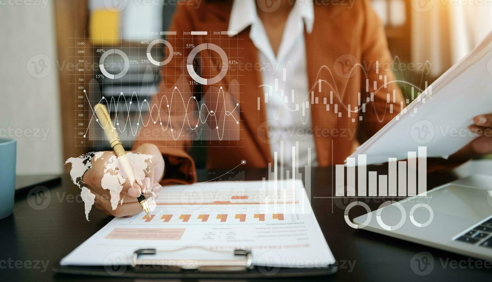Businessman hand Project manager working and update tasks and Gantt chart scheduling virtual diagram.with smart phone, tablet and laptop photo