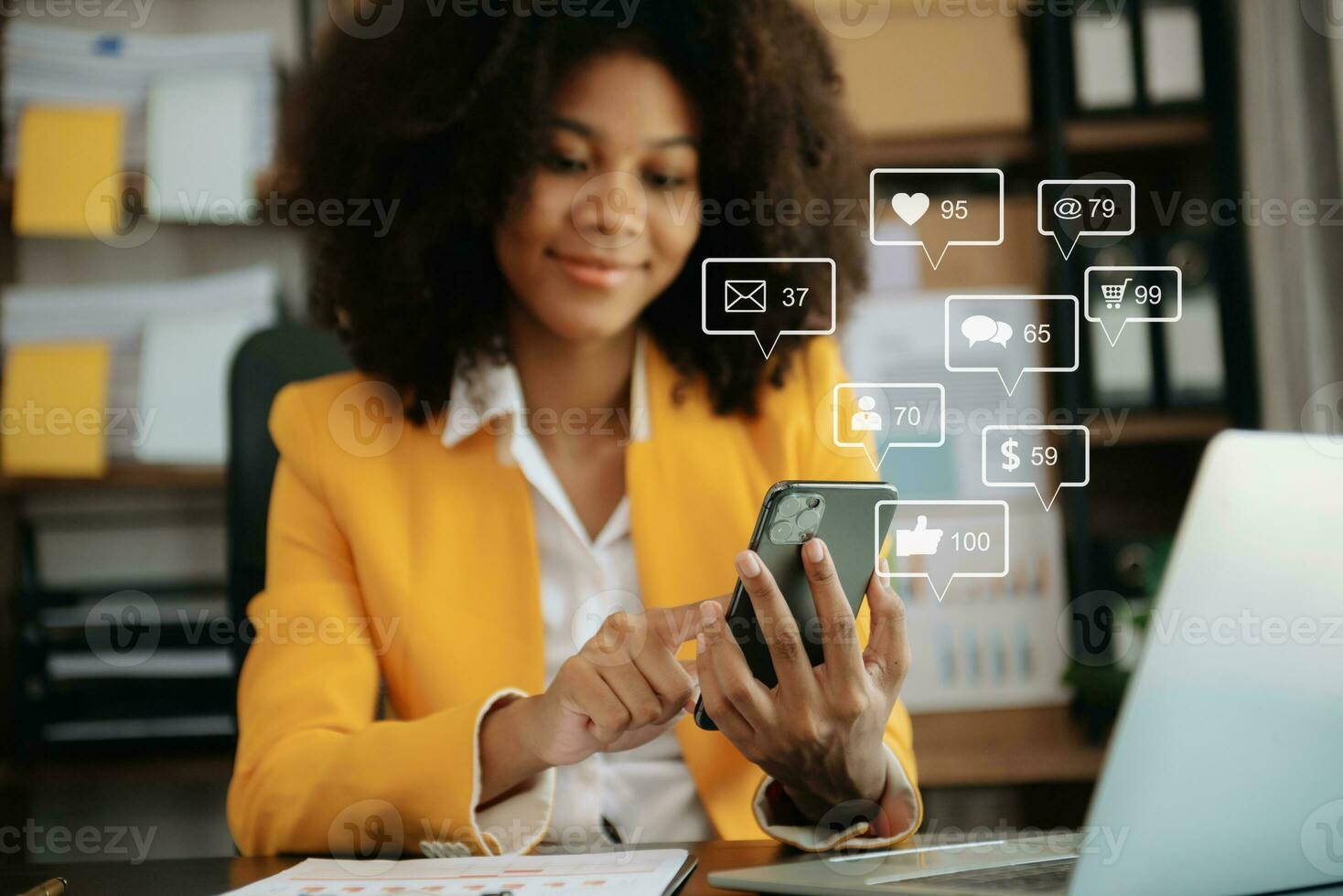 Social media and Marketing virtual icons screen concept. close up of businesswoman typing keyboard tablet with laptop computer photo