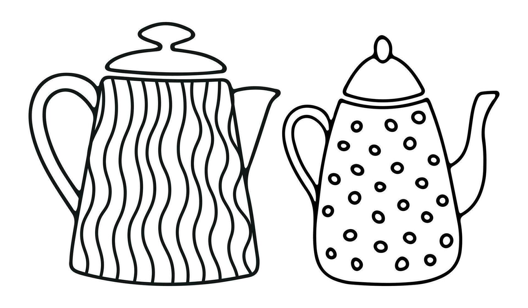 Sketch image of kitchen kettle, teapot, coffeepot, milk jug. Doodles of dishes, crockery, utensils, dinnerware vector