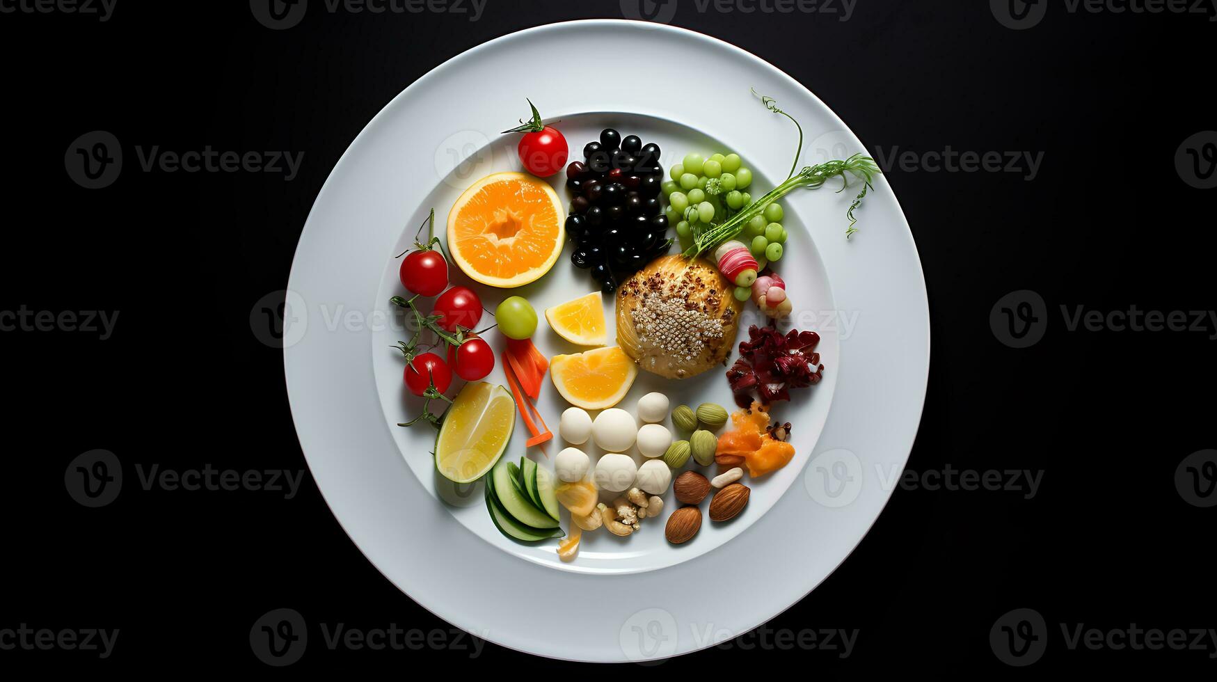 sabroso comida plato en un negro antecedentes ai generado foto