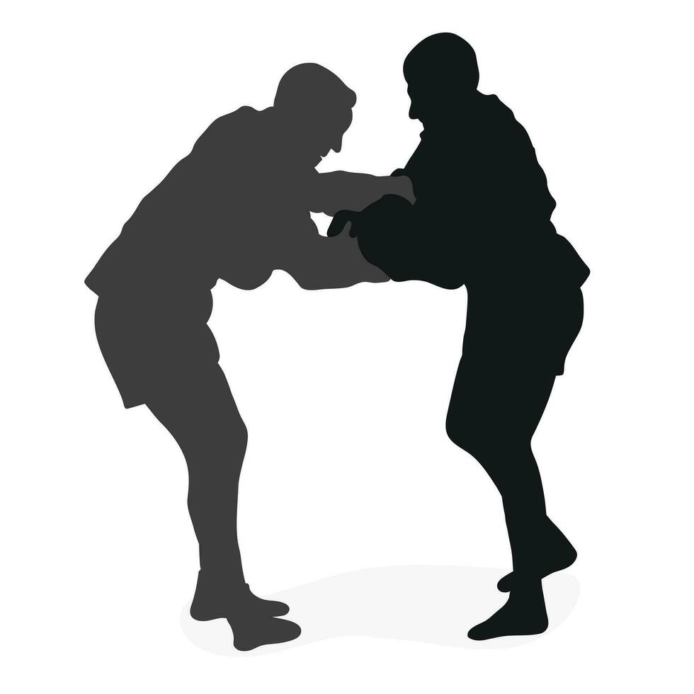 Image of silhouettes sambo athletes in sambo wrestling, combat sambo, duel, fight, fistfight, struggle, tussle, brawl, jiu jitsu. Martial art, sportsmanship vector