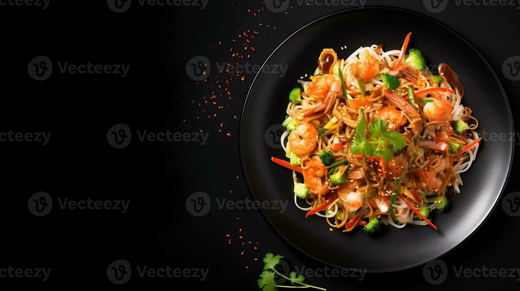 Top view delicious food plate on a black background ai generated photo