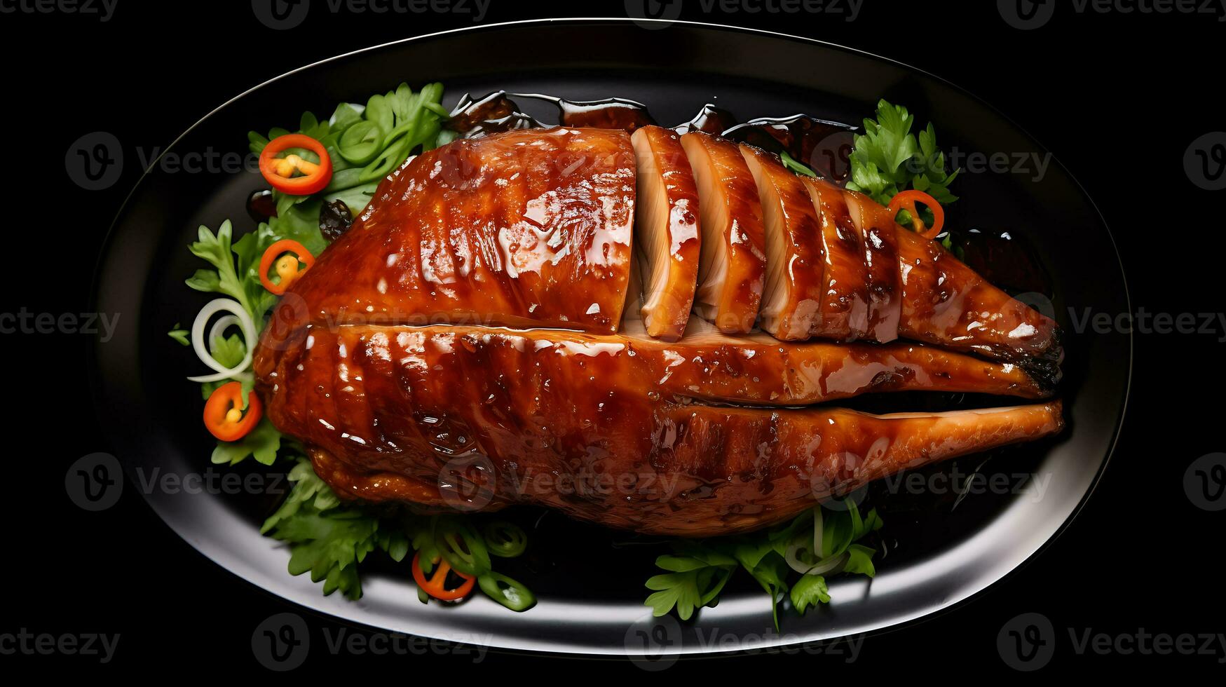 Top view delicious peking duck food plate on a black background ai generated photo