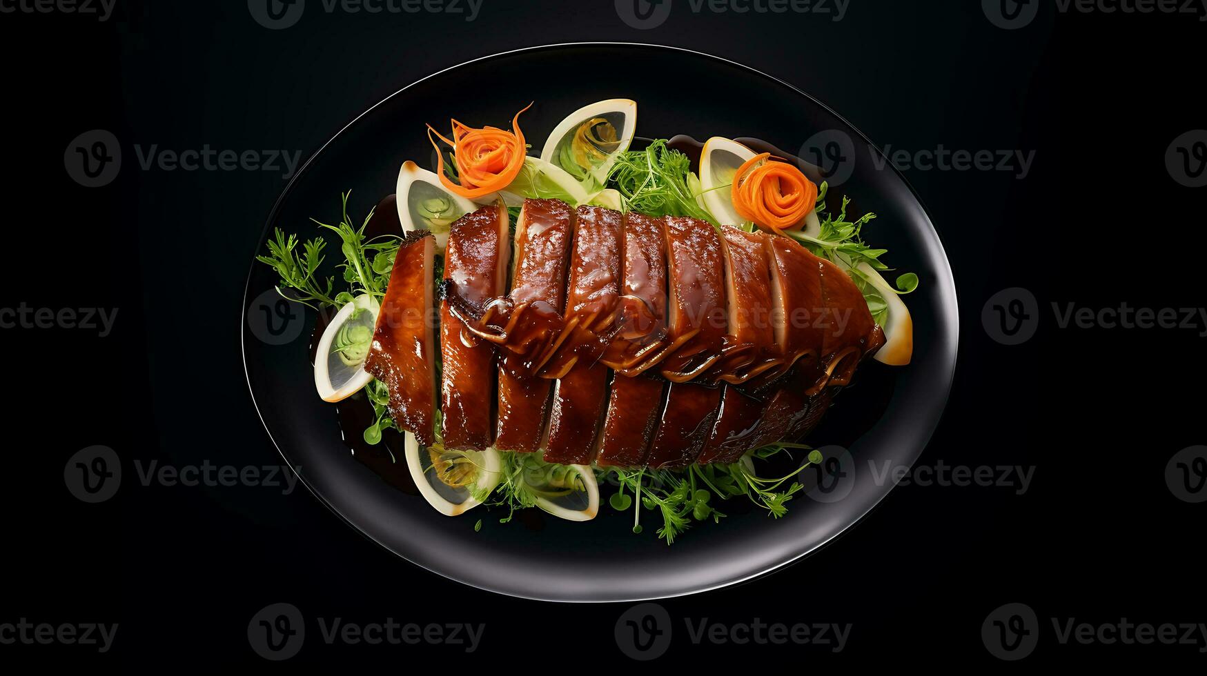 Top view delicious peking duck food plate on a black background ai generated photo