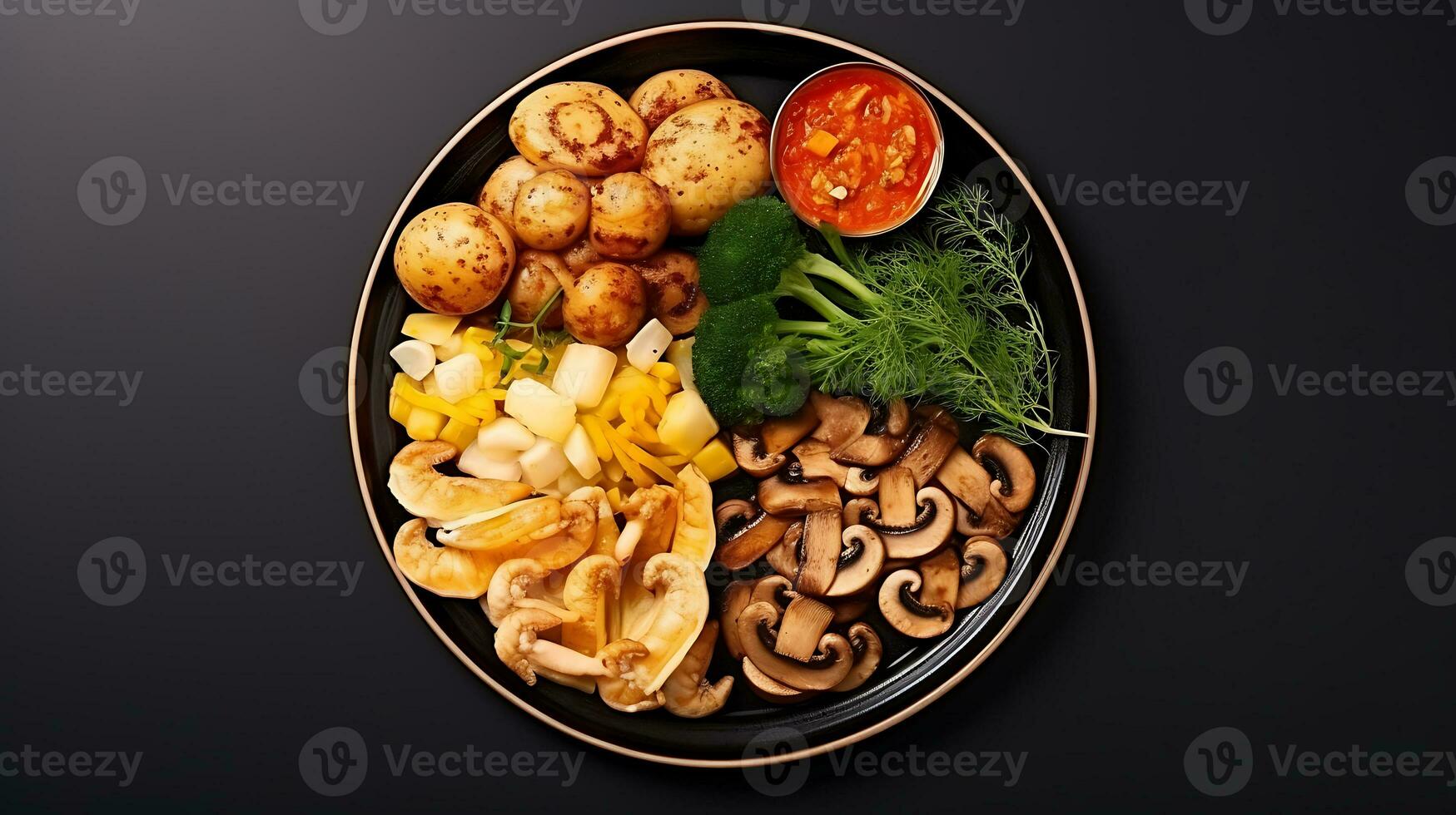 Top view delicious food plate on a black background ai generated photo