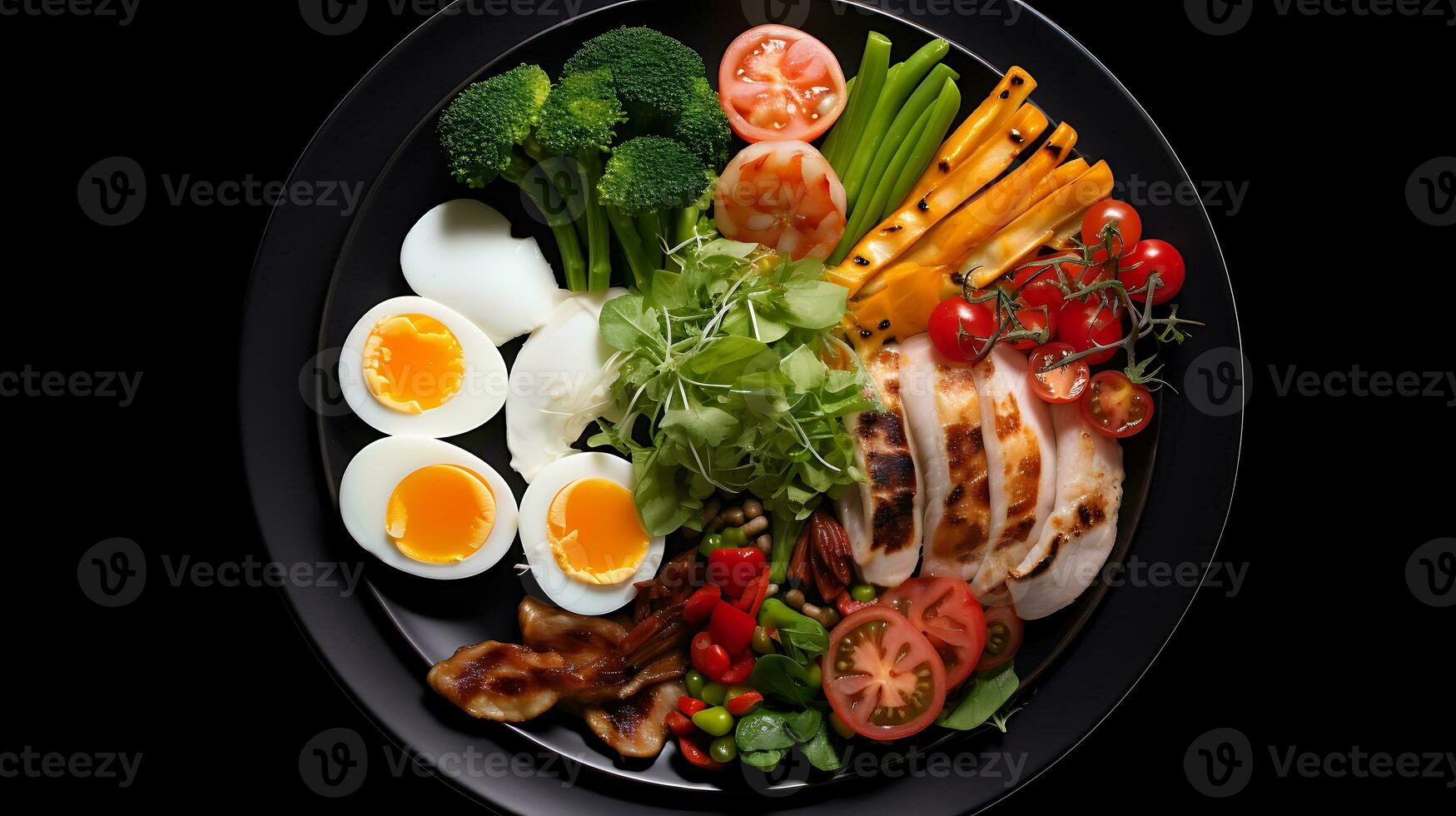 Top view delicious food plate on a black background ai generated photo