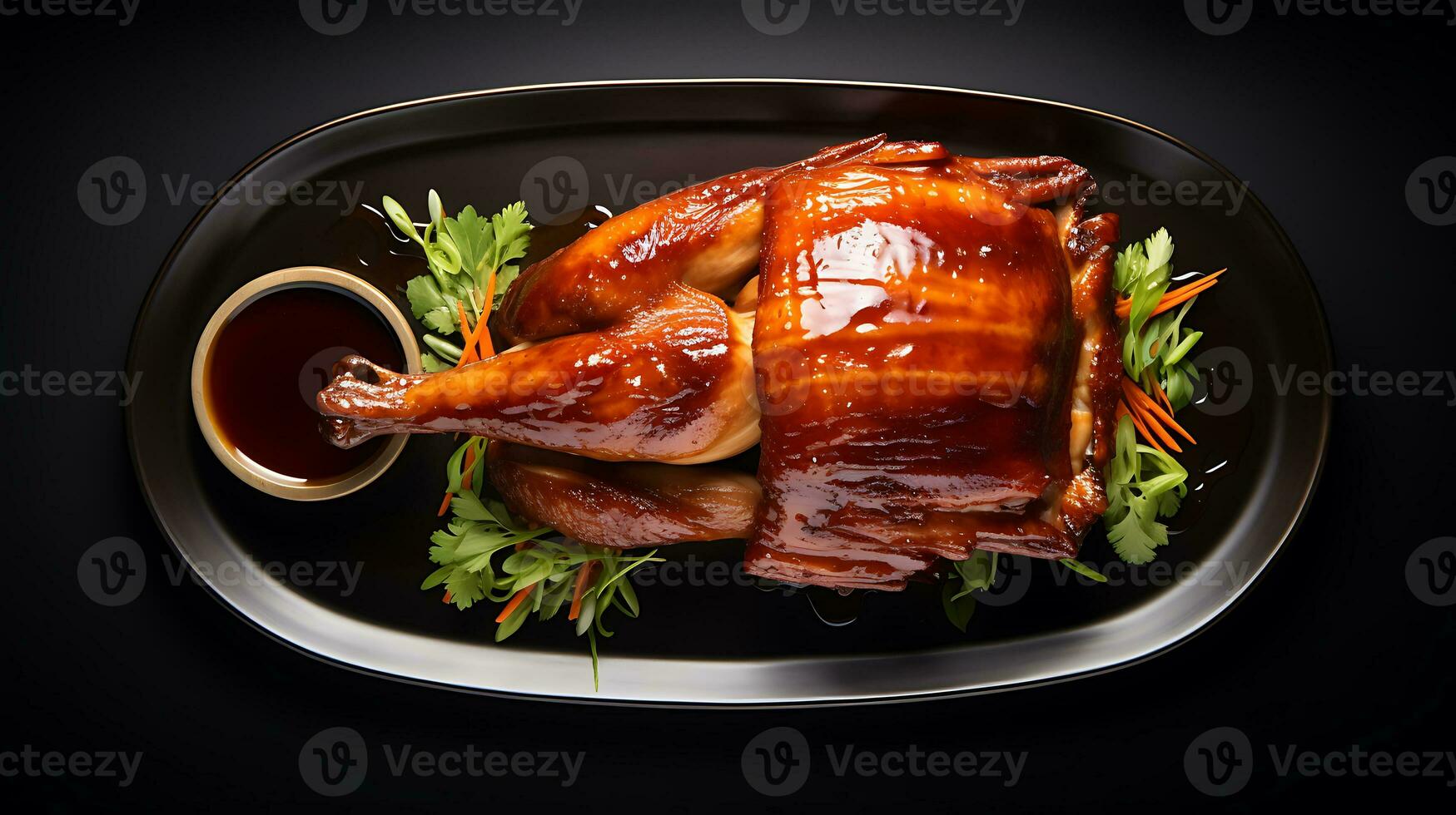 Top view delicious peking duck food plate on a black background ai generated photo