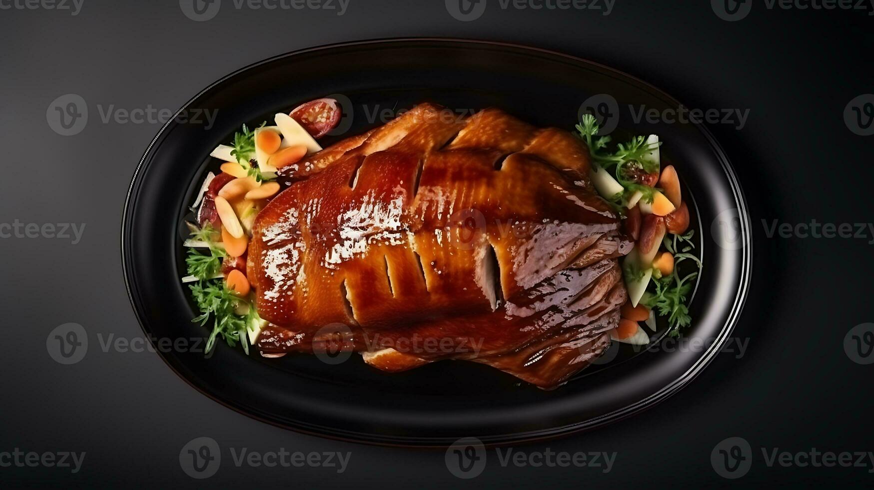 Top view delicious peking duck food plate on a black background ai generated photo