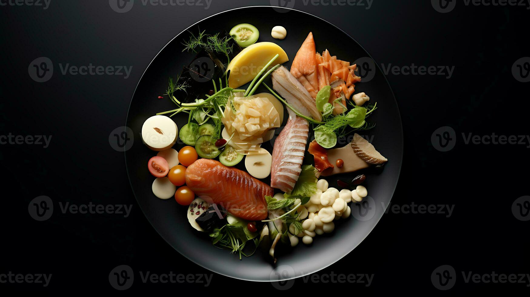 sabroso comida plato en un negro antecedentes ai generado foto