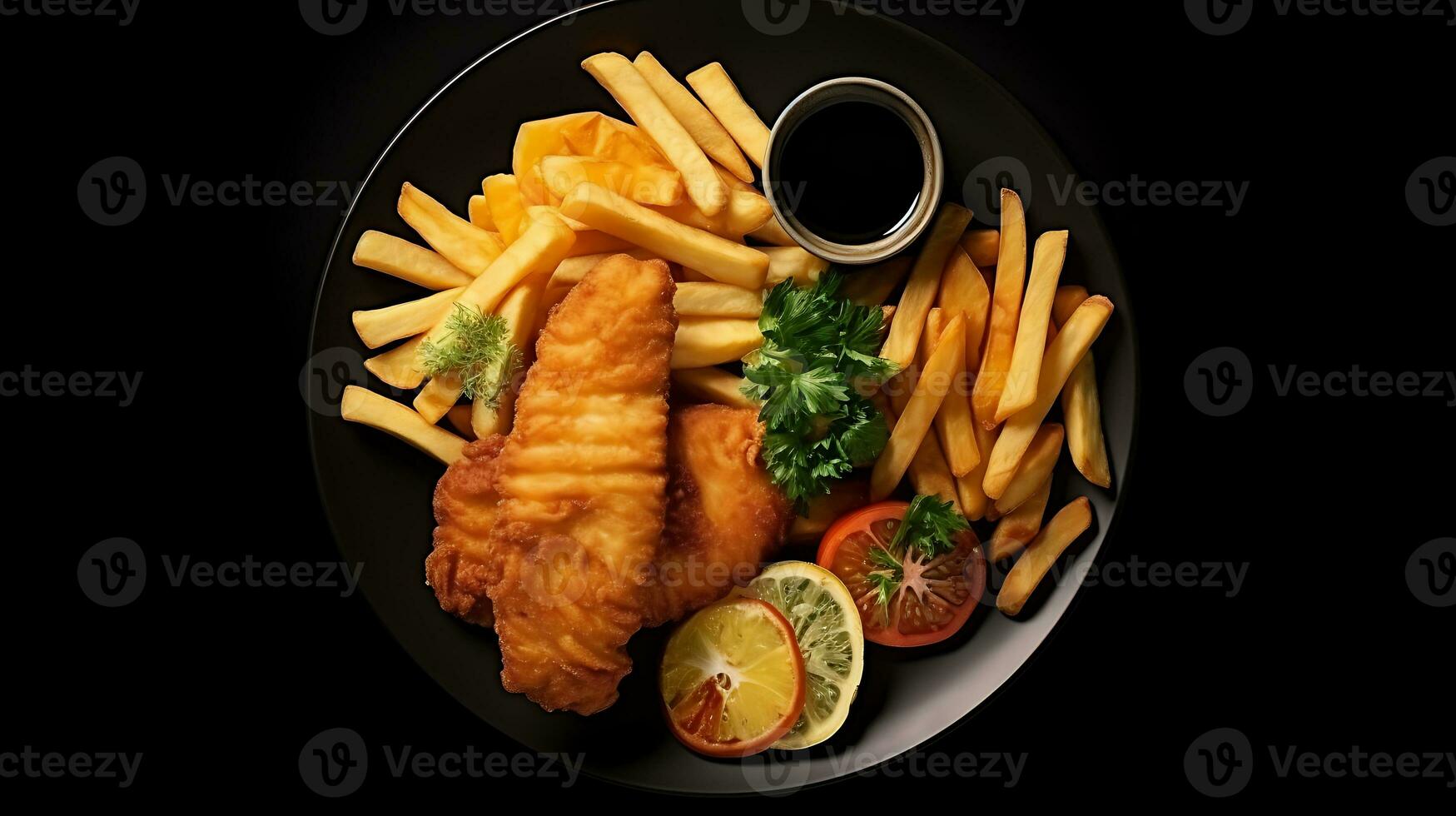Top view tasty food fish and chips plate on a black background ai generated photo