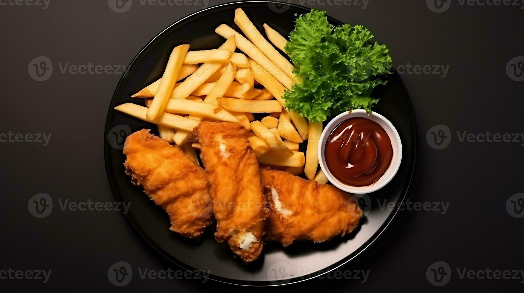 Top view tasty food fish and chips plate on a black background ai generated photo