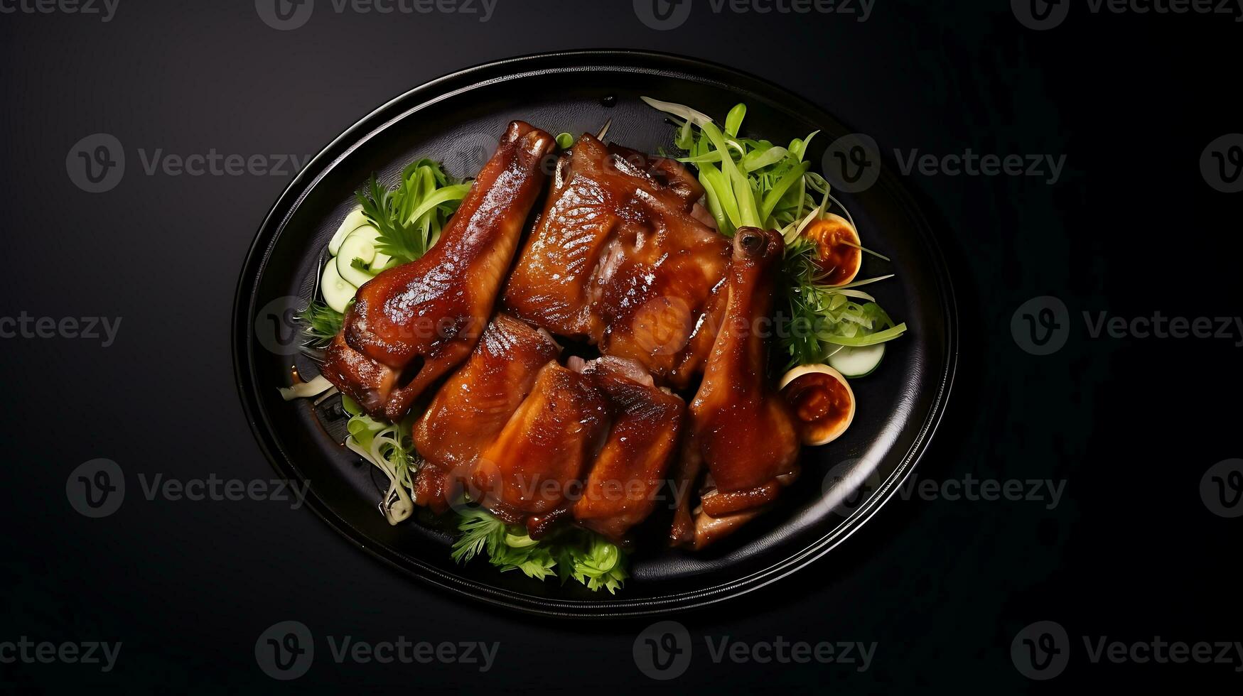 parte superior ver delicioso Pekín Pato comida plato en un negro antecedentes ai generado foto