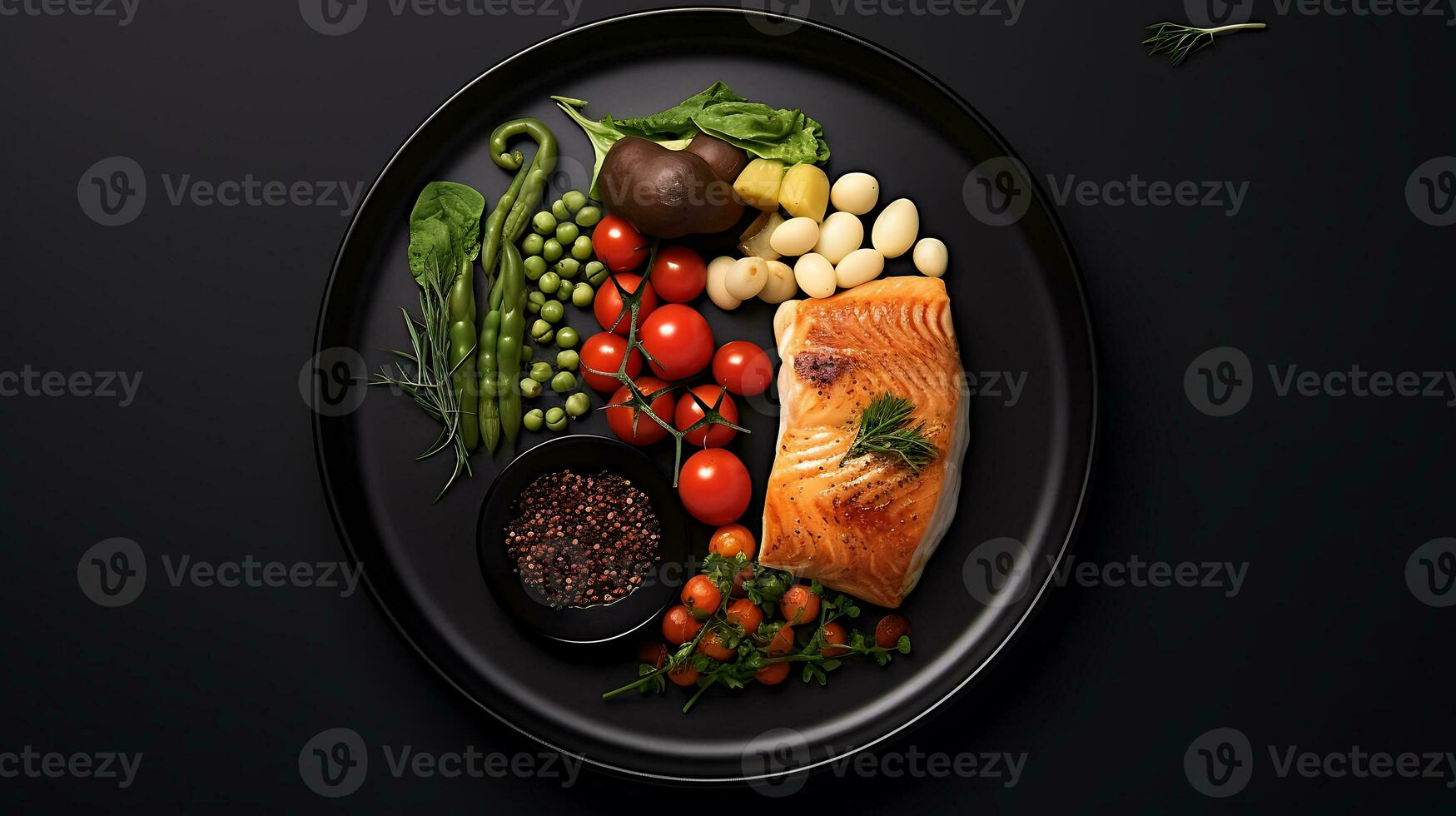 Top view delicious food plate on a black background ai generated photo