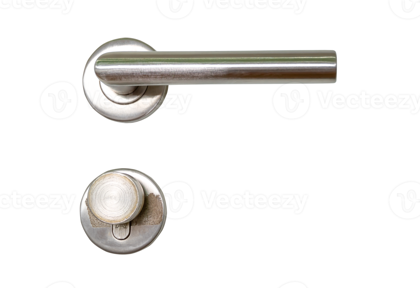 Close up photo of silver metal door handle isolated with clipping path