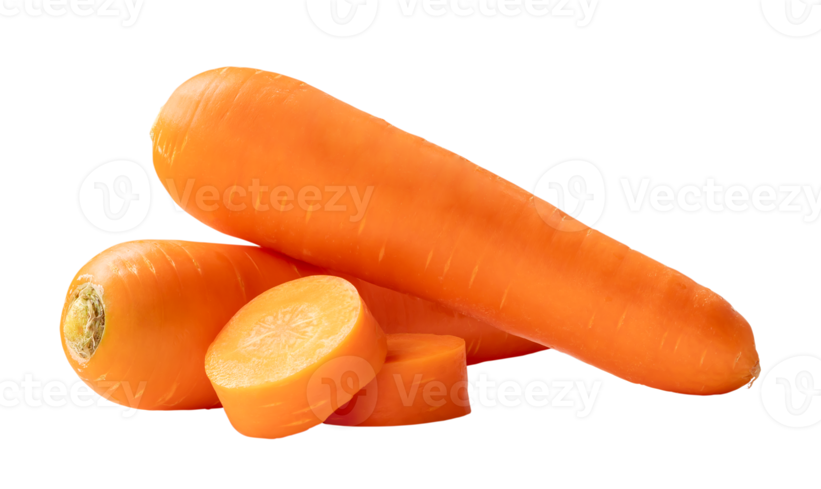 Two fresh orange carrots with slices in stack isolated with clipping path in png file format Close up of healthy vegetable root