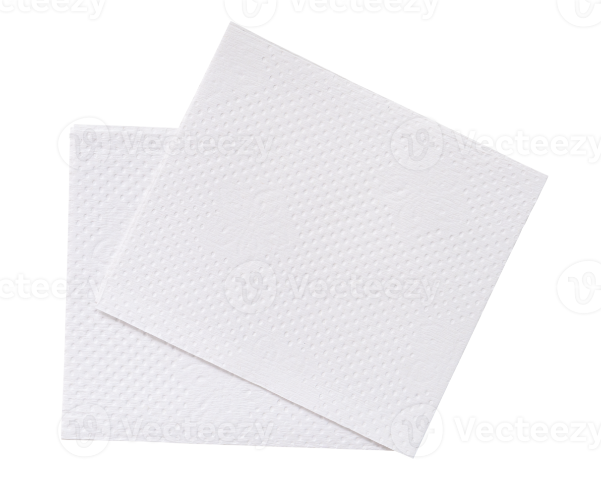 Top view of two folded pieces of white tissue paper or napkin in stack isolated with clipping path in png file format