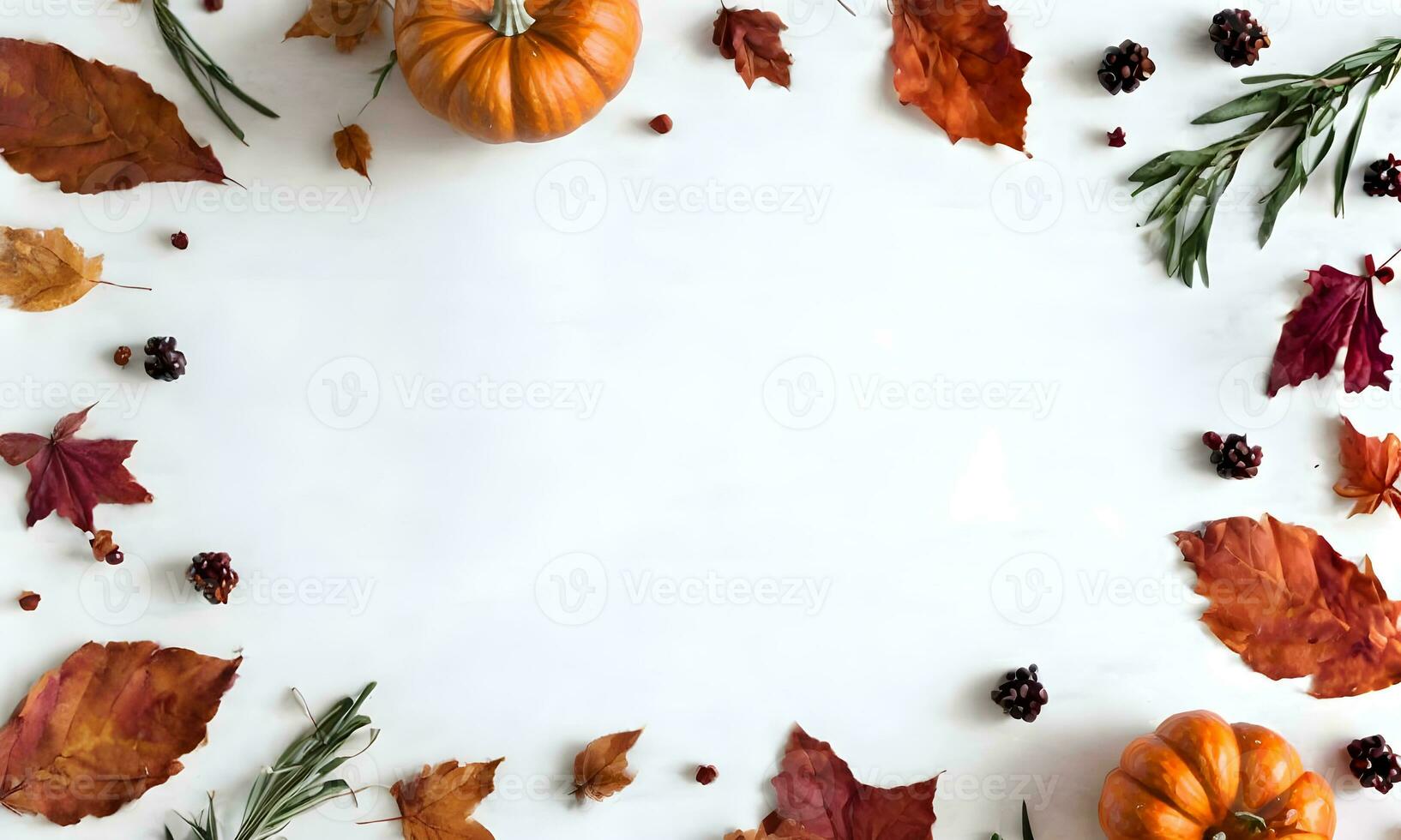 autumn flat lay leaves with pumpkin in white background with copy space ai generated photo