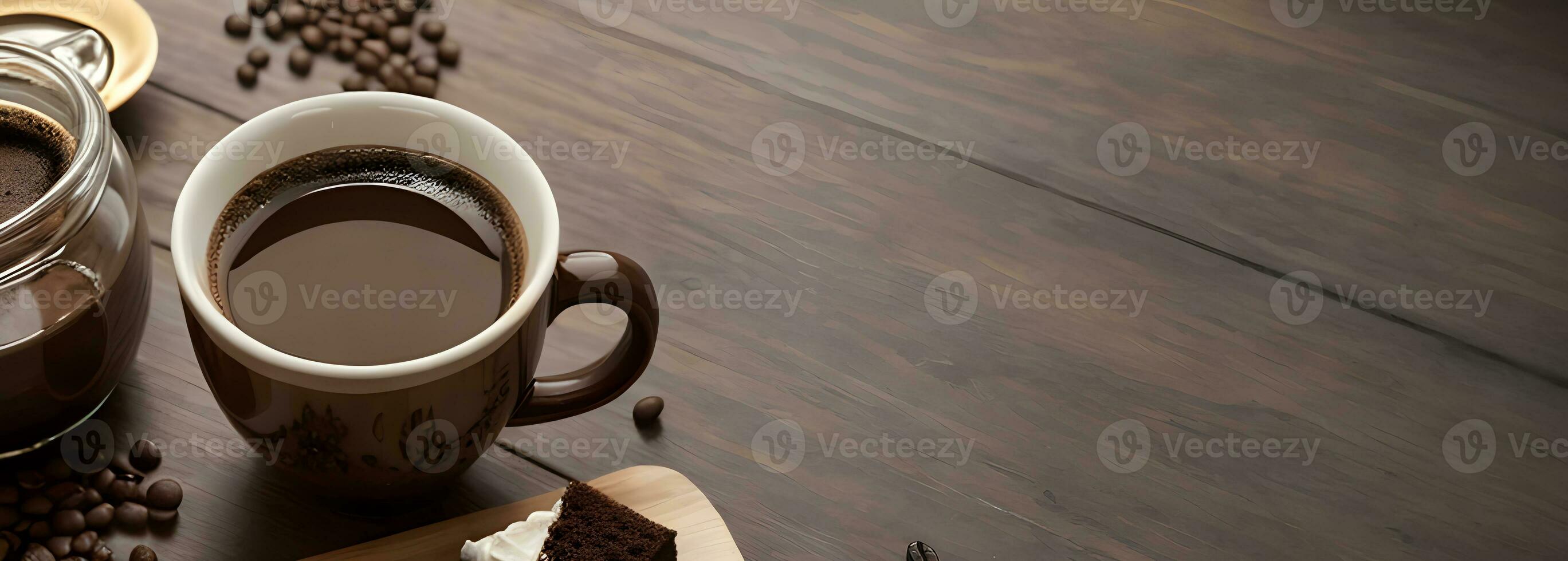 a cup of coffee on wooden table with copy space ai generated photo