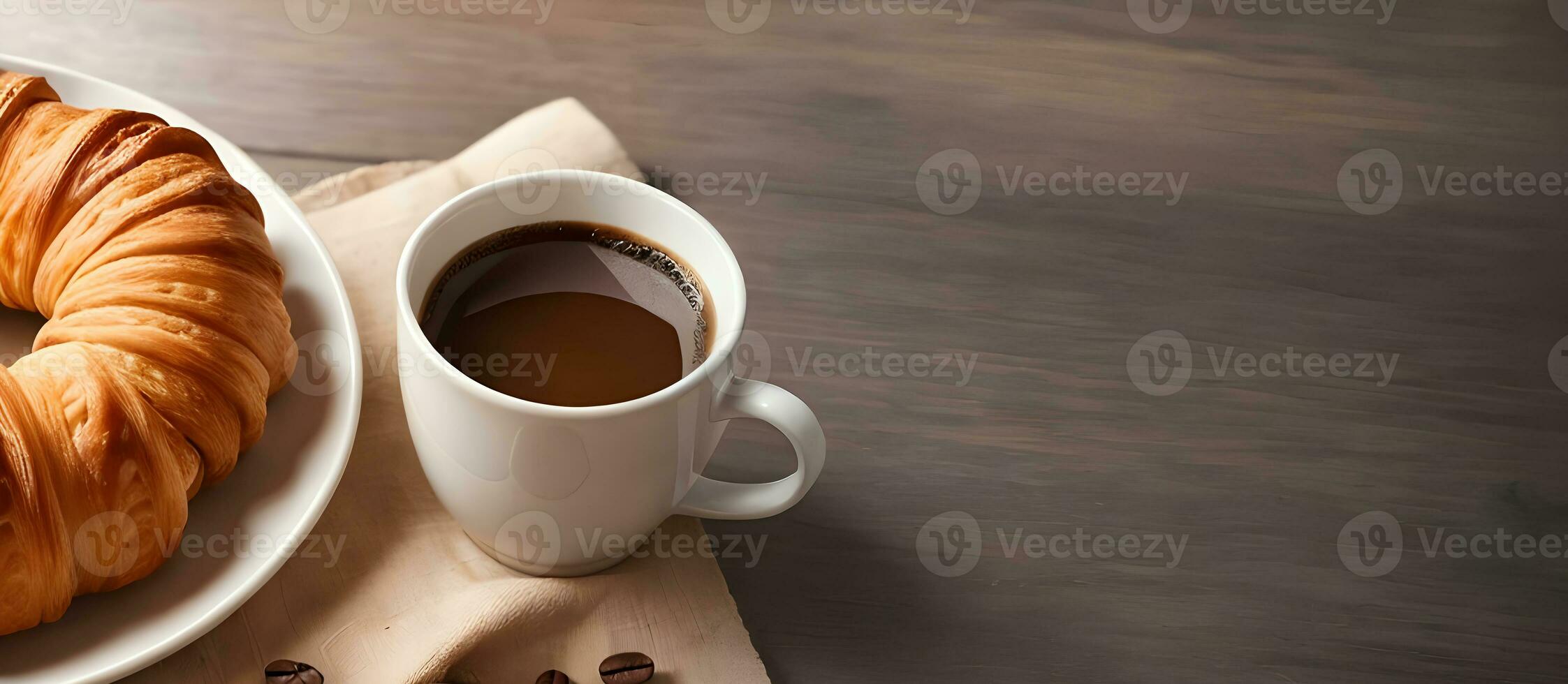 coffee and croissants on wooden table copy space background ai generated photo
