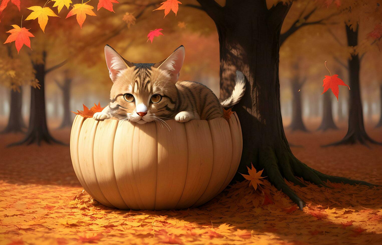 cat inside a wooden bowl with autumn background ai generated photo