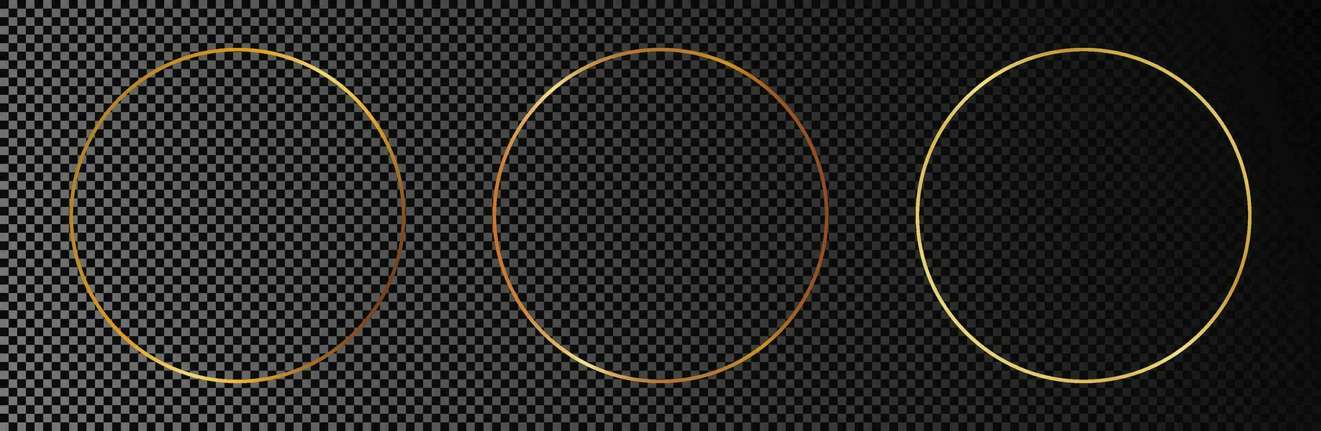 Set of three gold glowing circle frames isolated on dark background. Shiny frame with glowing effects. Vector illustration.