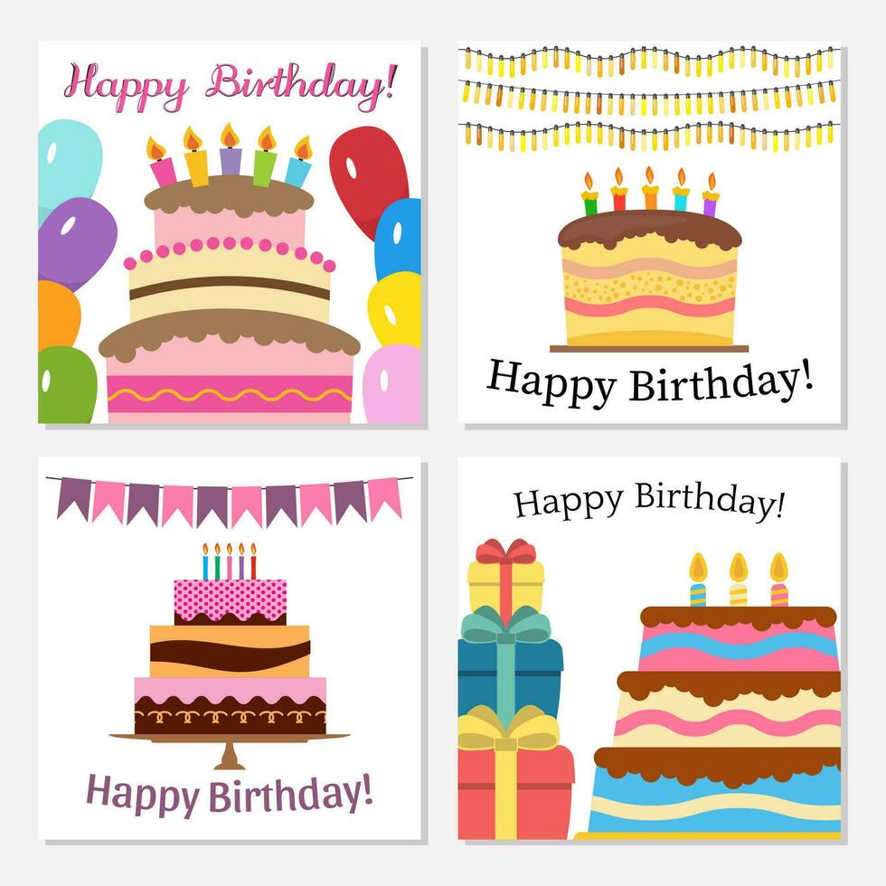 Set of four greeting cards with sweet cake for birthday celebration. Vector illustration