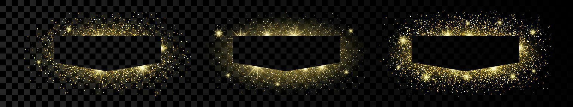 Set of three golden frames with glitter, sparkles and flares on dark background. Empty luxury backdrop. Vector illustration.