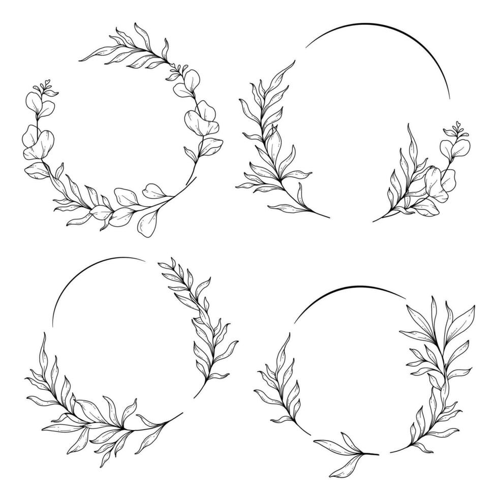 Floral Frames Line Art, Fine Line Eucalyptus Frames Hand Drawn Illustration. Eucalyptus Outline Frame. vector