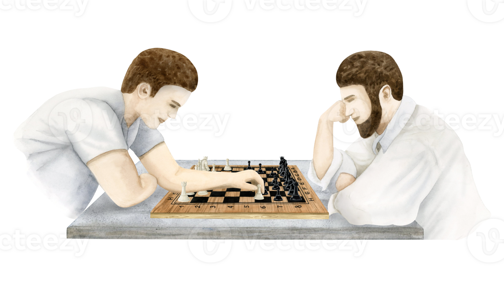 schaak spelers zittend Bij de tafel spelen schaken, maken Actie en denken waterverf illustratie. hand- getrokken bord spel toernooi sjabloon png