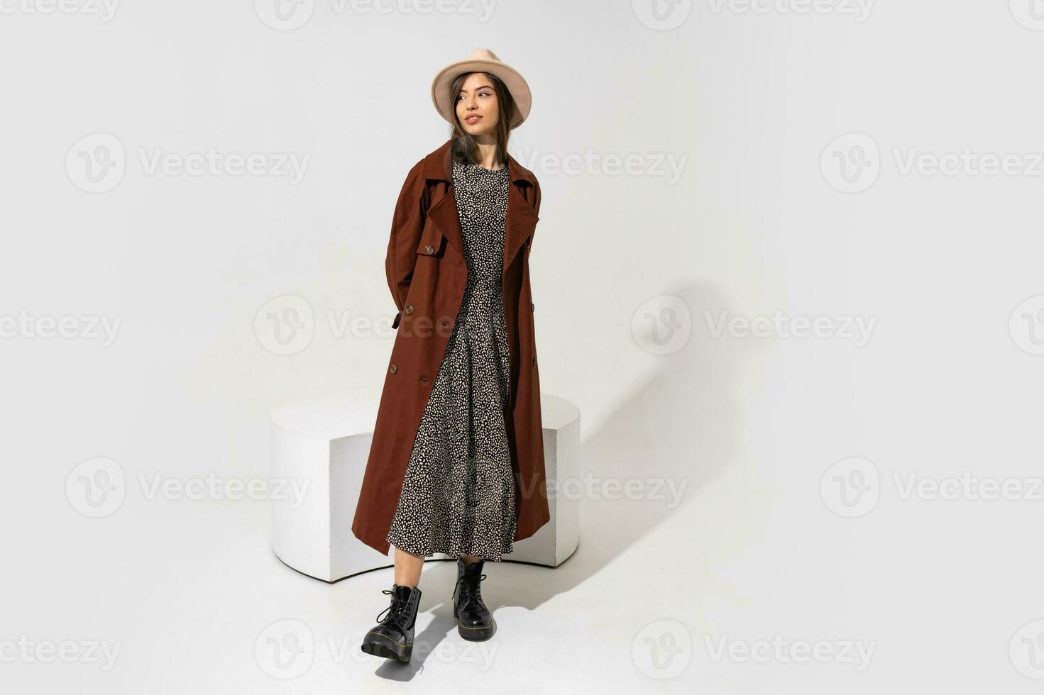 Winer fashion look. Stylish brunette model in brown coat  and ankle boot in black leather  posing in studio on white background. Full lenght. Copyspace fo text. photo