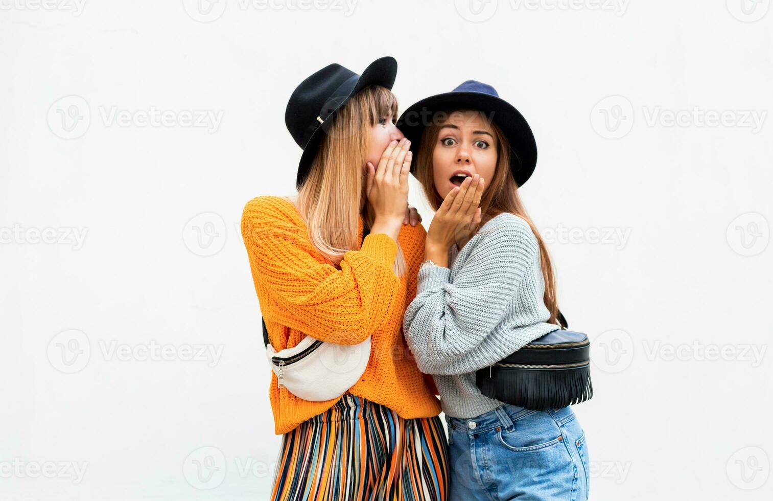 mejor amigos, Pareja de elegante muchachas posando en blanco antecedentes. otoño estación. vistiendo elegante naranja de punto suéter, negro sombrero , culo bolsa. amigos gasto genial hora juntos . Copiar espacio . foto