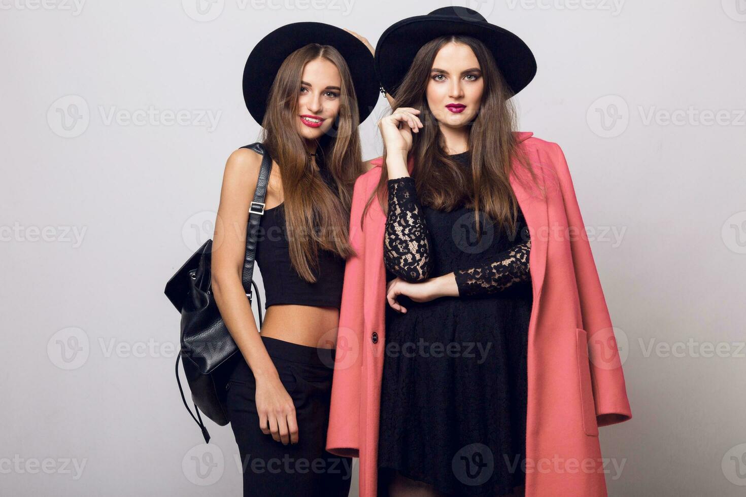 Indoor studio fashion image of two elegant  happy  women , sisters or best friends    wearing stylish  pink  coat, black hat ,bright make up. Winter or spring collection.   Space for text. photo