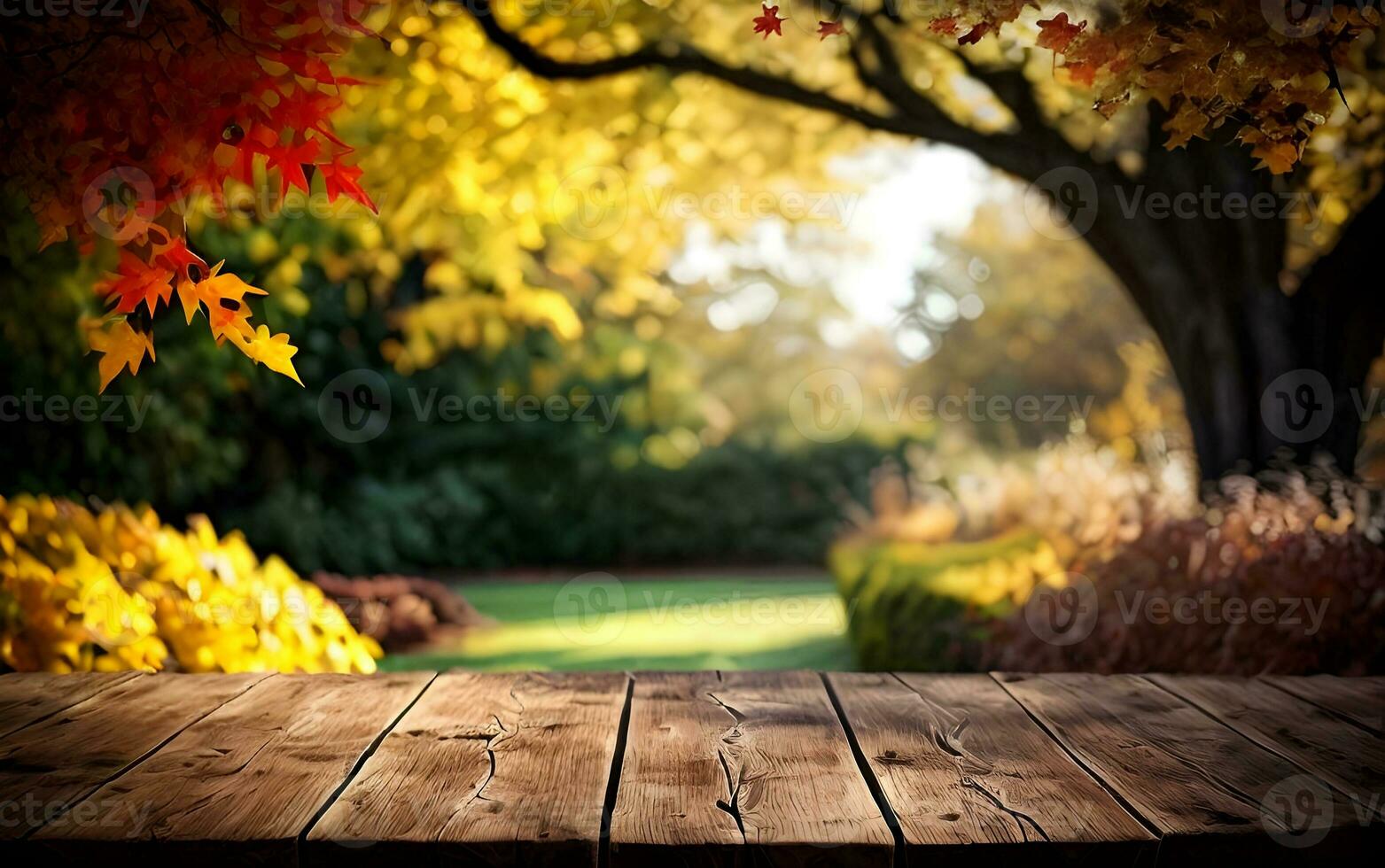 empty table mockup with beautiful autumn garden background ai generated photo