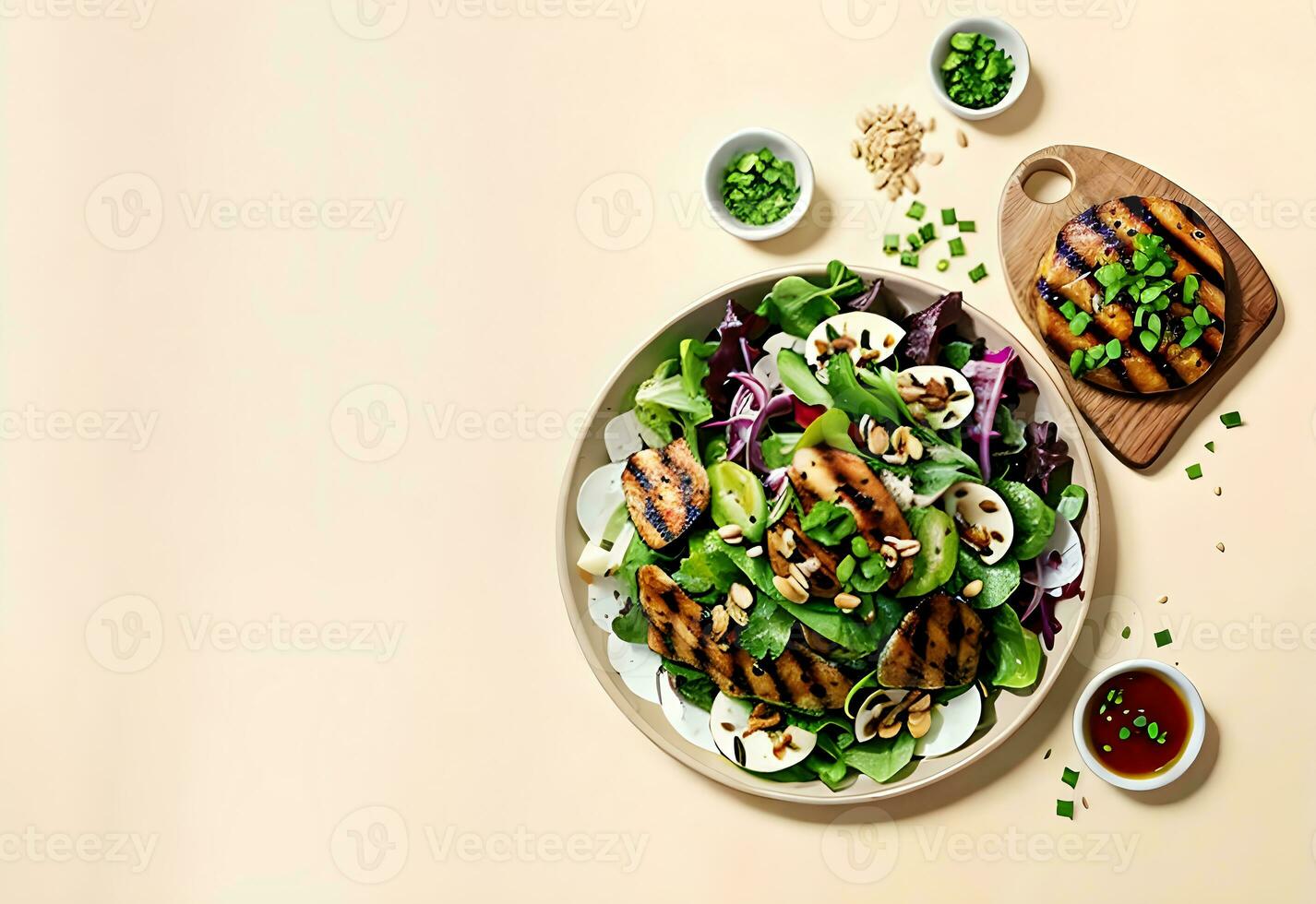 top view salad with grilled chicken flat lay with copy space ai generated photo