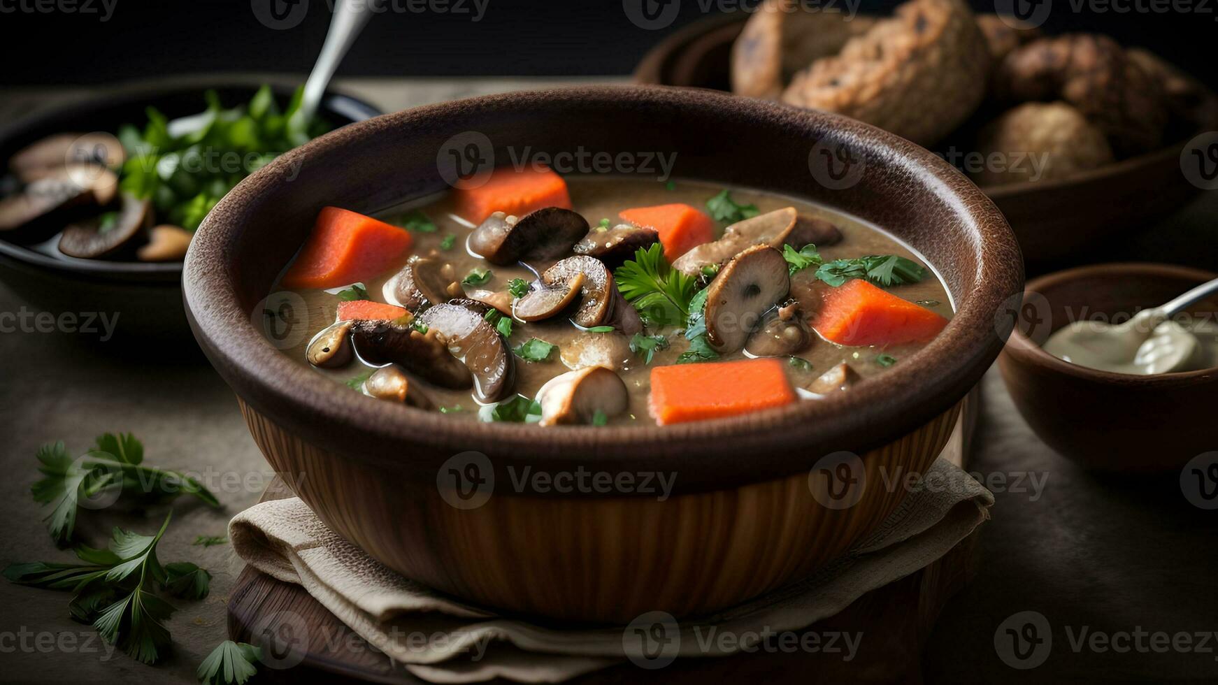 a bowl of rustic beef stew with shiitake mushroom ai generated photo