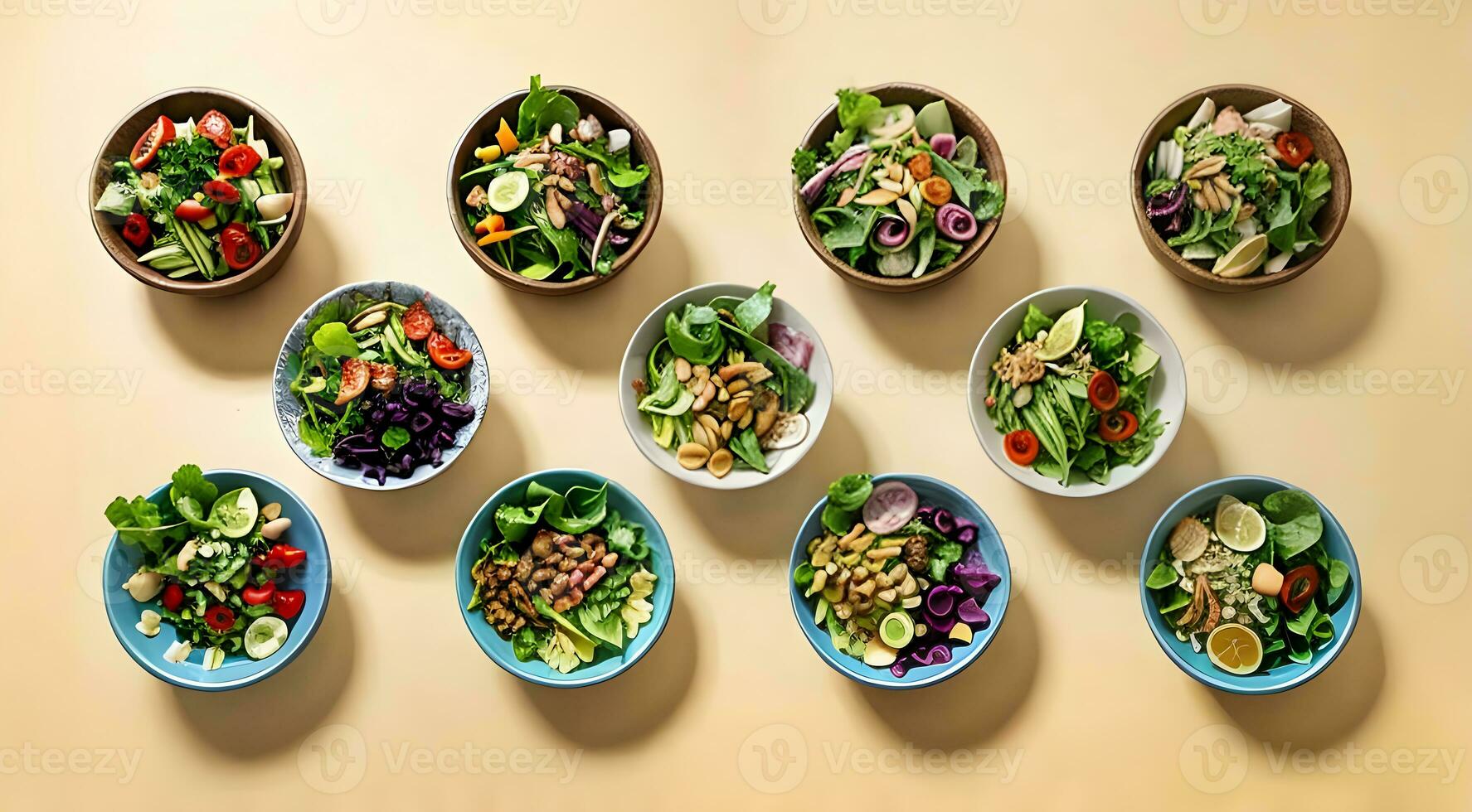 bowl of salad flat lay in pastel background ai generated photo