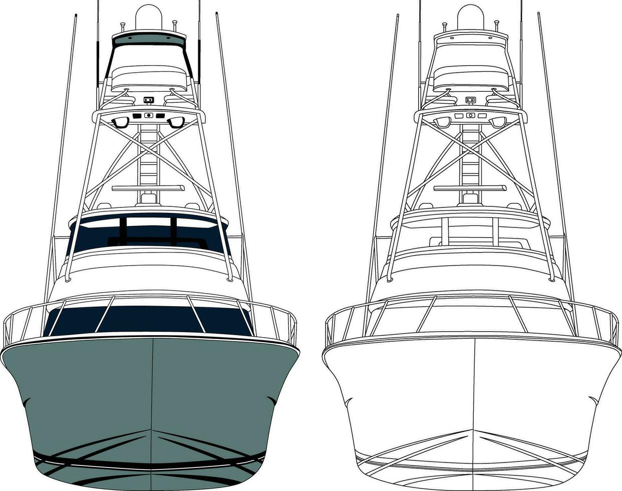 Front view fishing boat vector line art illustration.
