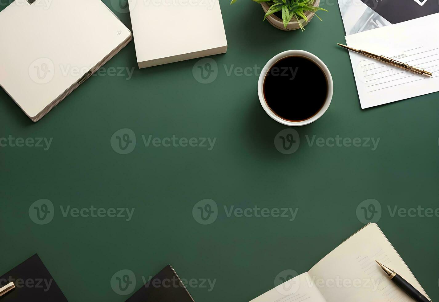 Top view of working table with blank paper notebook, cup of coffee and  eyeglasess., Stock image