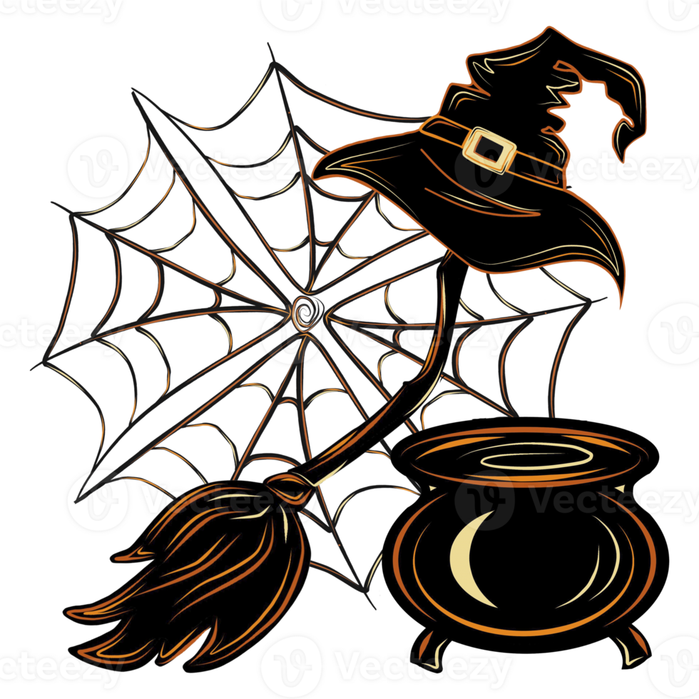 Witch's stuff, hat, broomstick, potion cauldron and web black. Digital illustration  for your design,  decorating invitations and cards, making stickers, embroidery , printing. png