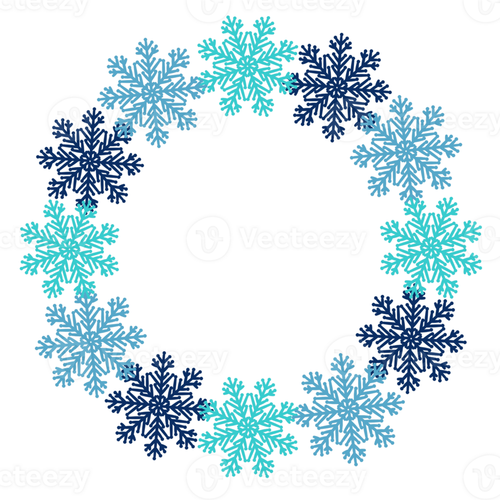 Wreath frame snowflakes blue . Decorative winter digital illustration for design decorating invitations and cards, making stickers, printing  on packaging and textiles. png