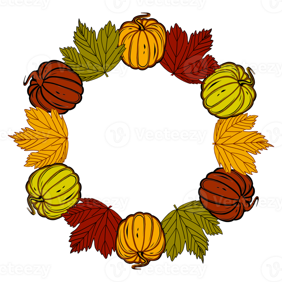 Wreath of pumpkins orange with fall leaves. Digital  illustration for your design,  decorating invitations and cards, making stickers, embroidery scheme,  printing on packaging and textiles. png