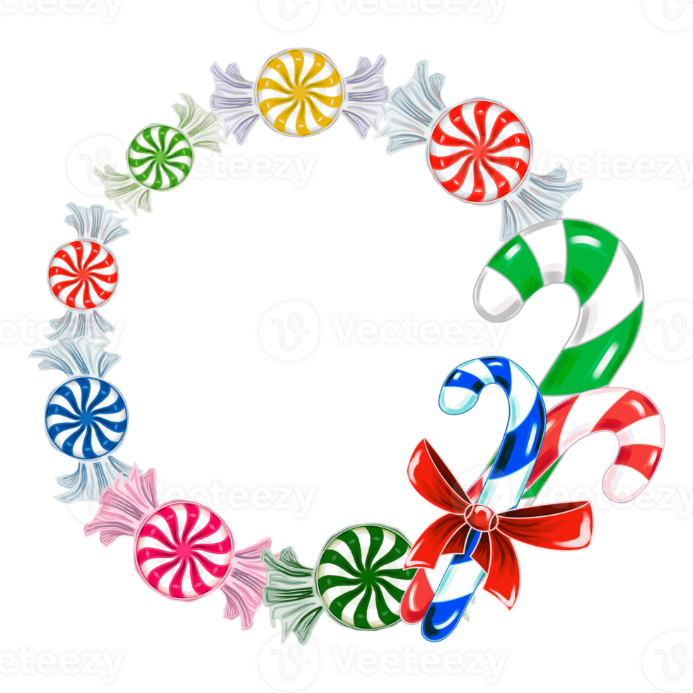Candy frame made of multi-colored lollipops and candy cane.  Decorative winter digital illustration for design decorating  invitations and cards, making stickers, print on packaging png