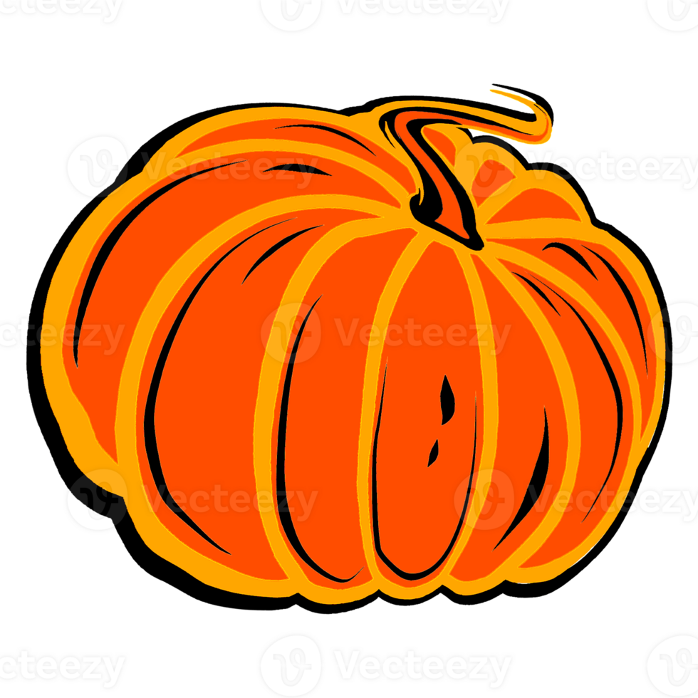 Autumn illustration of orange round ripe pumpkin. Digital  illustration  for your design, decorating invitations and cards, making stickers, embroidery scheme,  printing on packaging and textiles. png