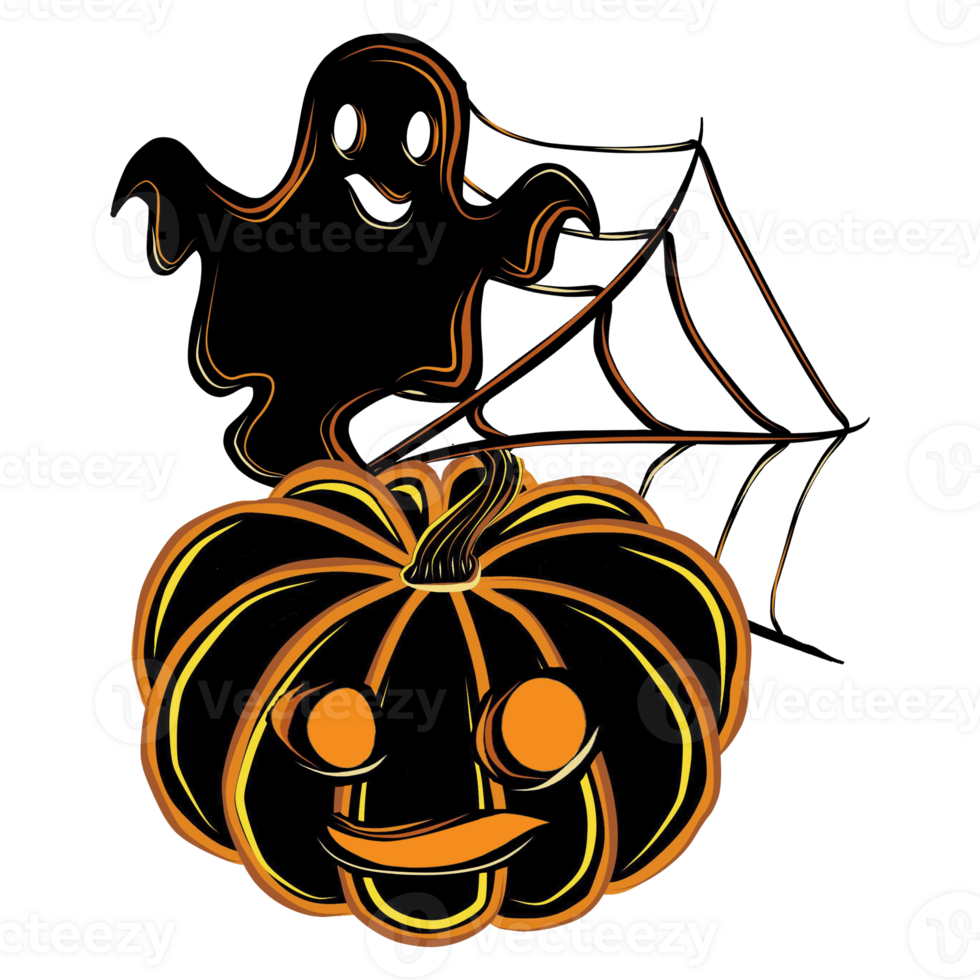 Halloween ghost with web and pumpkin black.  Digital  for your design,  decorating invitations and cards, making stickers, embroidery scheme,  printing png