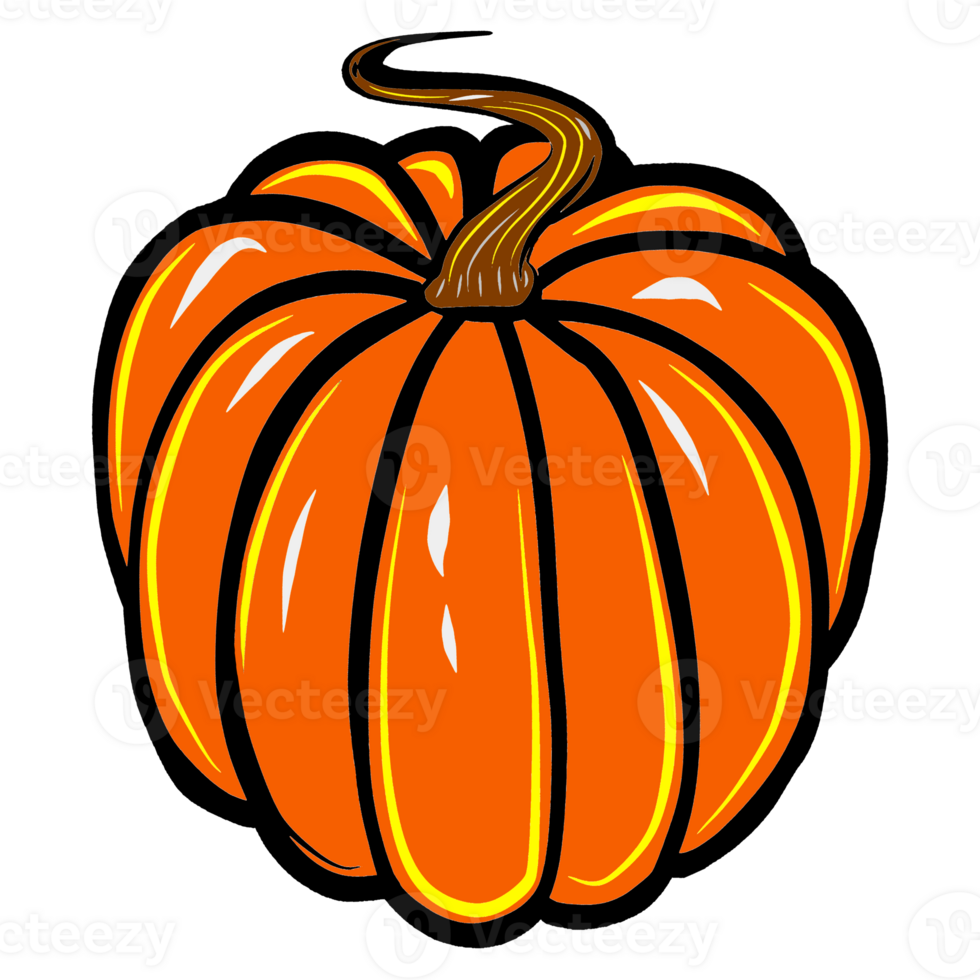 Autumn illustration of orange round ripe pumpkin. Digital  illustration  for your design, decorating invitations and cards, making stickers, embroidery scheme,  printing on packaging and textiles. png
