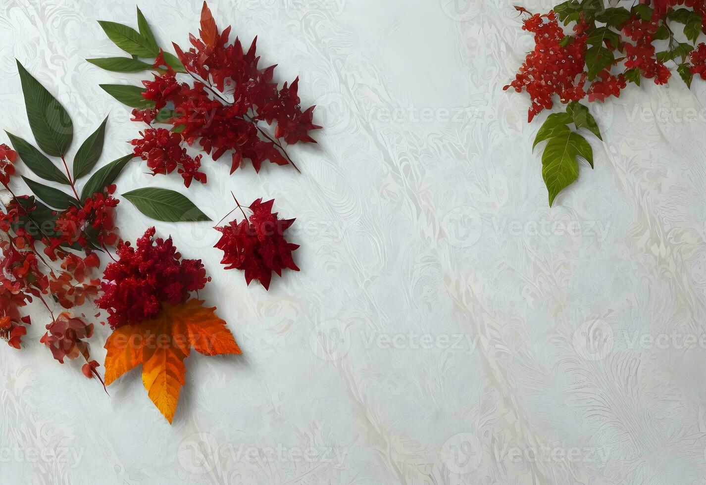 autumn leaves and flower flat lay in white background with copy space ai generated photo