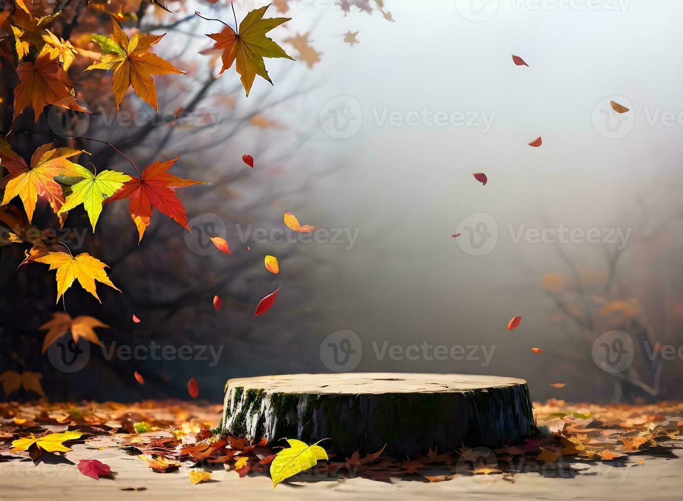 wooden podium product mockup with autumn scene and maple leaves ai generated photo