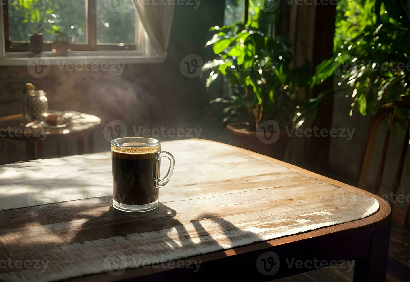 un taza de caliente café en mesa ai generado foto